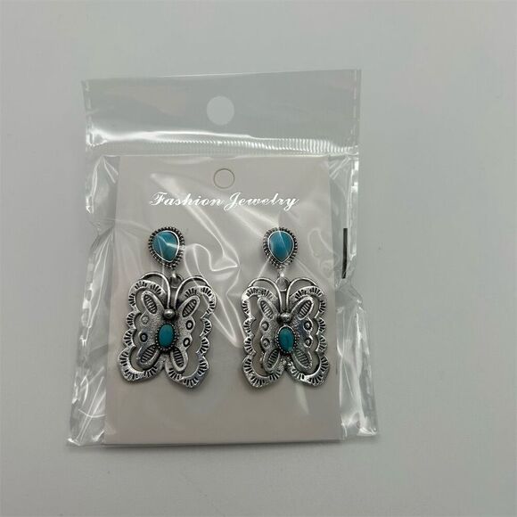 Bohemian Silver Tone Butterfly Stud Dangle Earrings with Faux Turquoise Beaded - Picture 4 of 6